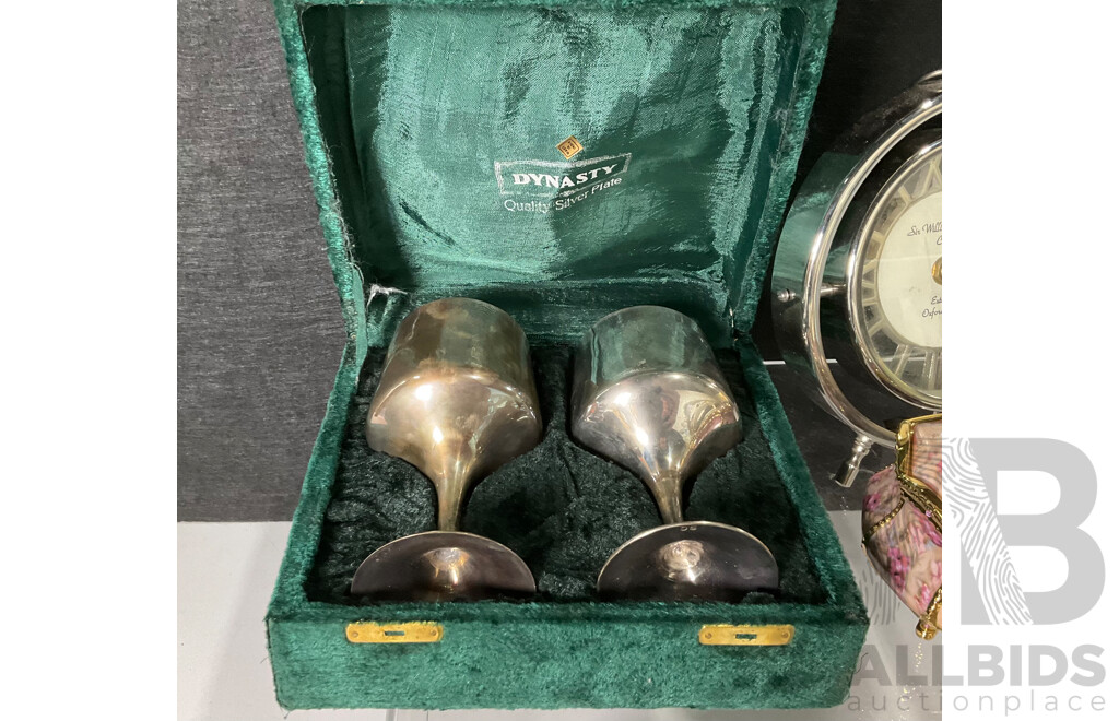 Collection of Sundries Including Clocks, Music Box, Valenti Bag, Cow Figurines and Silver-plated Goblets