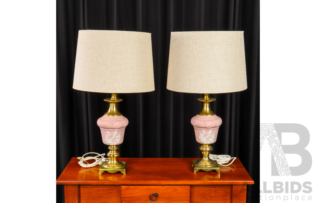 Pair of Brass and Pink Ceramic Table Lamps