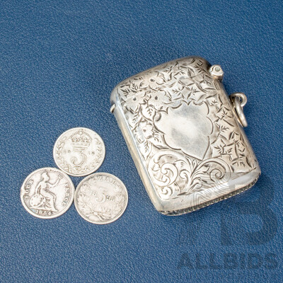 Antique Silver Vesta Case with Floral and Scroll Engravings with United Kingdom 1854 QV, 1912 KGV Silver and South African Republic 1895 Silver Threepence