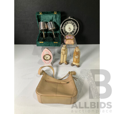 Collection of Sundries Including Clocks, Music Box, Valenti Bag, Cow Figurines and Silver-plated Goblets