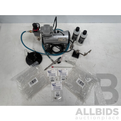 Badger Patriot 105 Gravity Feed Detail Nozzle Airbrush Powered by Vida 240V Compressor & Adjustable Regulator & 2 X Stands & 2x Bottles Airbrush Cleaner & 3Ml Eye Droppers