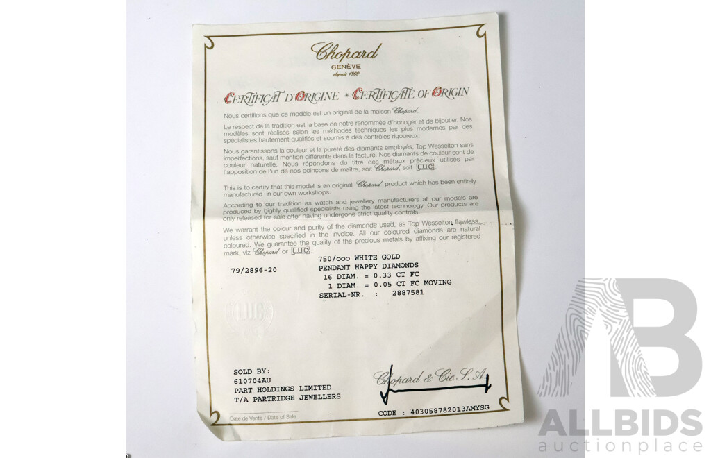 Chopard Geneve 18ct White Gold Necklace and Diamond Pendant - Length 39.5cms