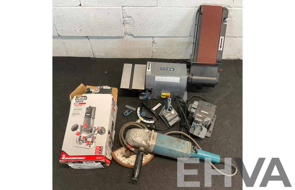 FERREX Belt and Disc Sander, FERREX Sharpener, OZITO Router and Corded Angle Grinder - Lot of 4