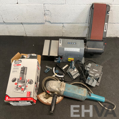 FERREX Belt and Disc Sander, FERREX Sharpener, OZITO Router and Corded Angle Grinder - Lot of 4