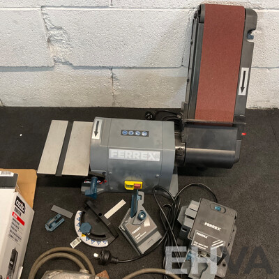 FERREX Belt and Disc Sander, FERREX Sharpener, OZITO Router and Corded Angle Grinder - Lot of 4