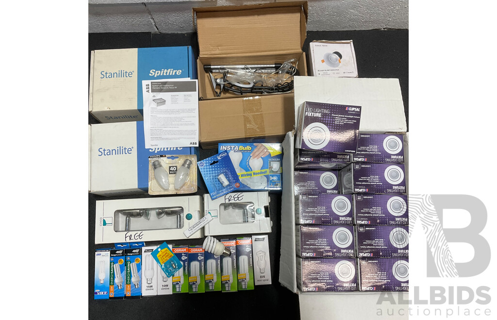 Assorted Lighting Products, Including Various LED Globes, Downlights and Light Fixtures