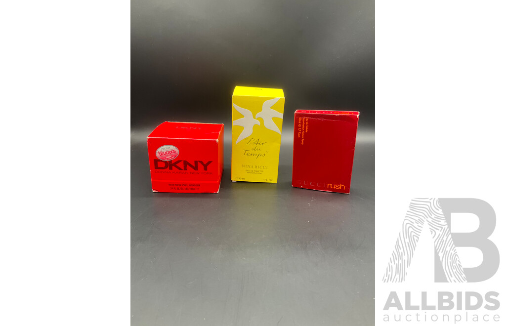 DKNY ''Red Delicious'' 100ml Eau De Parfum Spray, NINA RICCI ''L'Air Du Temps'' 30ml Eau De Toilette and GUCCI ''Rush'' 50ml Eau De Toilette  - Lot of 3