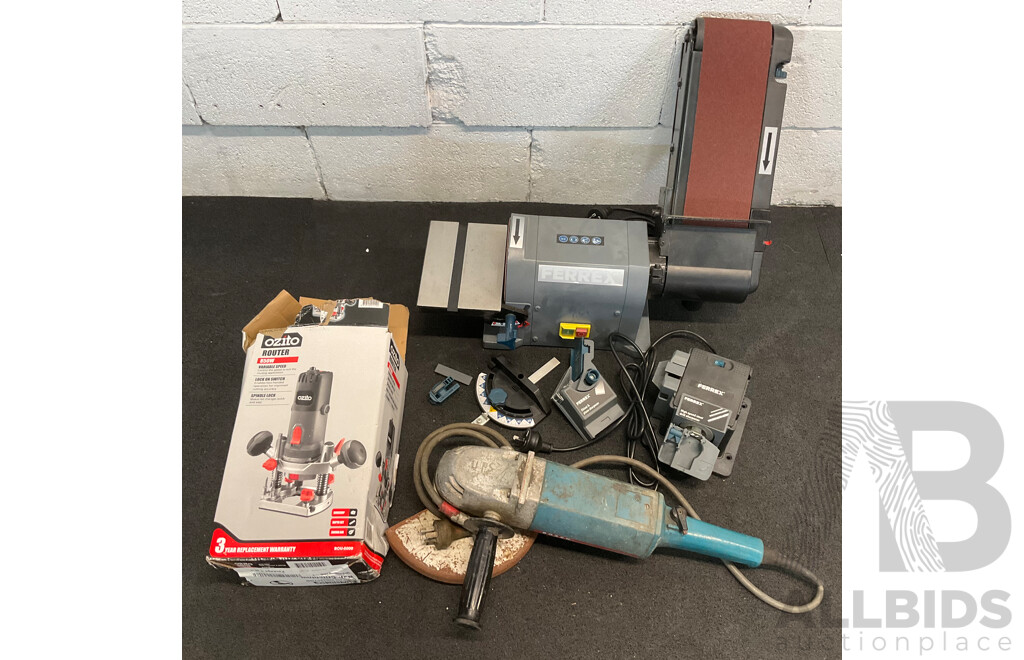 FERREX Belt and Disc Sander, FERREX Sharpener, OZITO Router and Corded Angle Grinder - Lot of 4