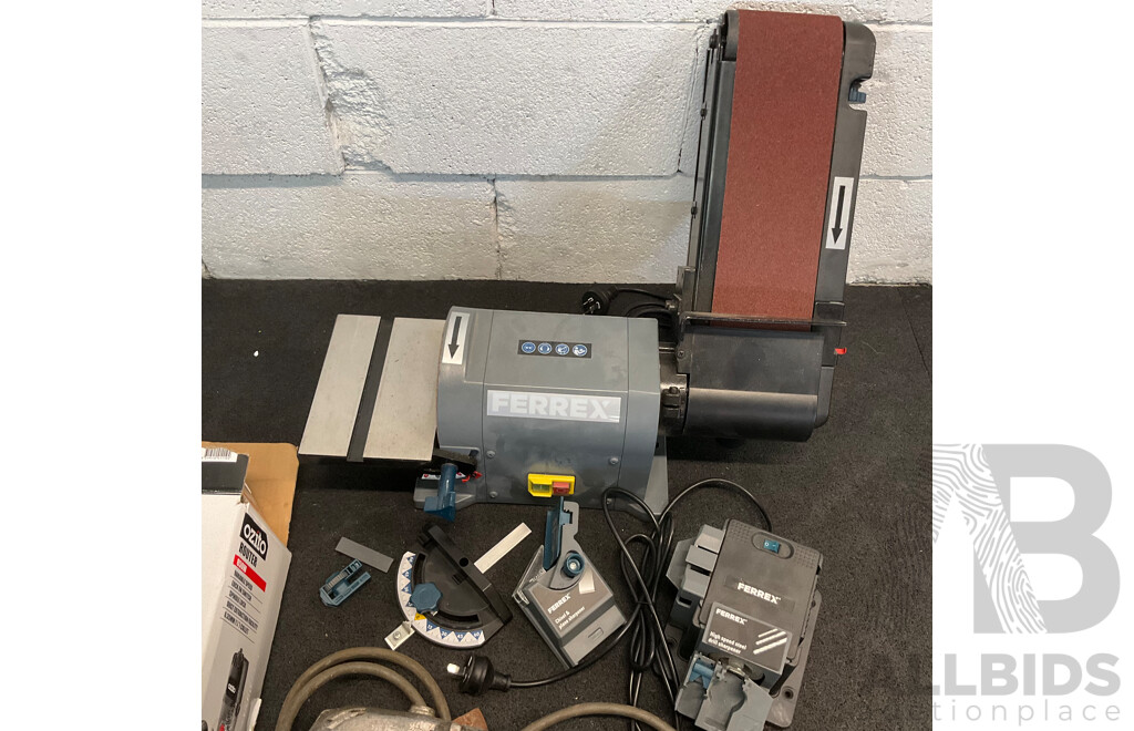 FERREX Belt and Disc Sander, FERREX Sharpener, OZITO Router and Corded Angle Grinder - Lot of 4