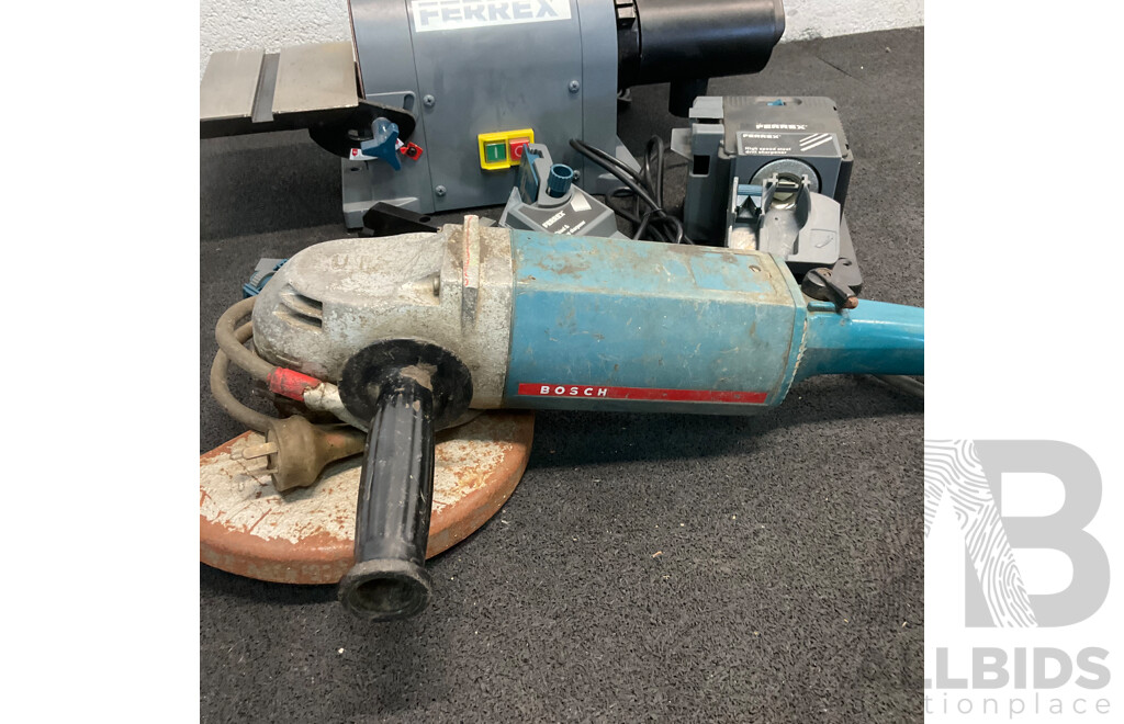 FERREX Belt and Disc Sander, FERREX Sharpener, OZITO Router and Corded Angle Grinder - Lot of 4