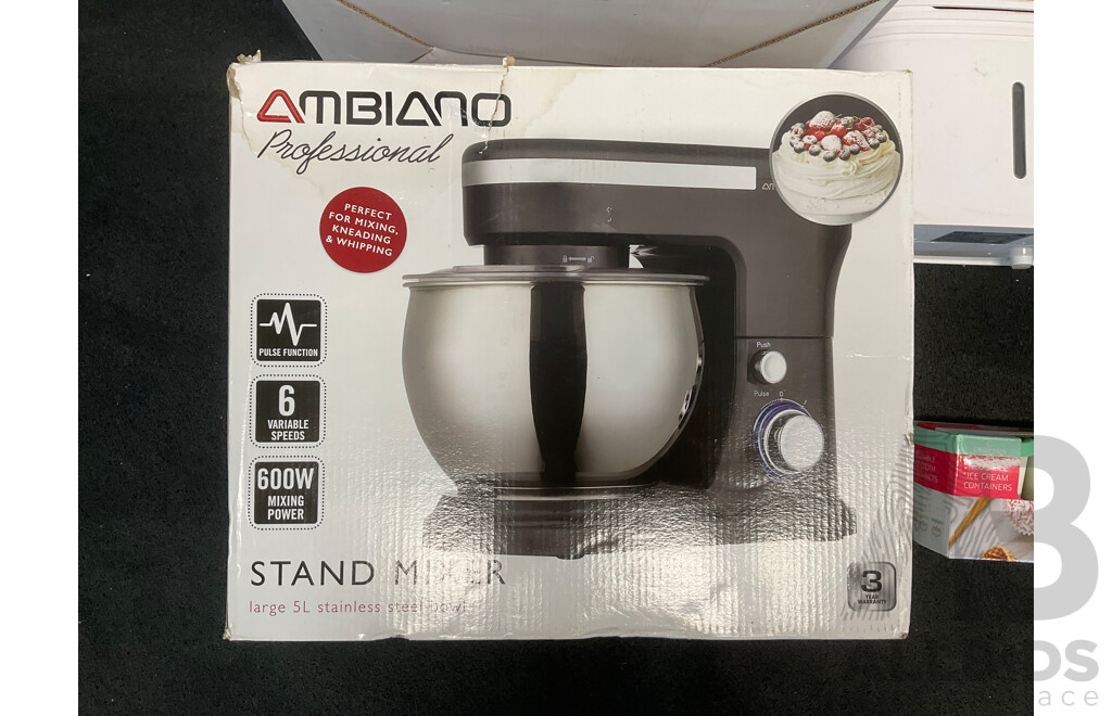 DAVIS&WADDELL Meat Mincer, AMBIANO Stand Mixer, KOGAN Dehumidifier, the Healthy Dessert Maker and Reusable Ice Cream Containers - Lot of 5