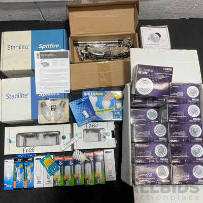 Assorted Lighting Products, Including Various LED Globes, Downlights and Light Fixtures