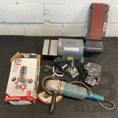 FERREX Belt and Disc Sander, FERREX Sharpener, OZITO Router and Corded Angle Grinder - Lot of 4