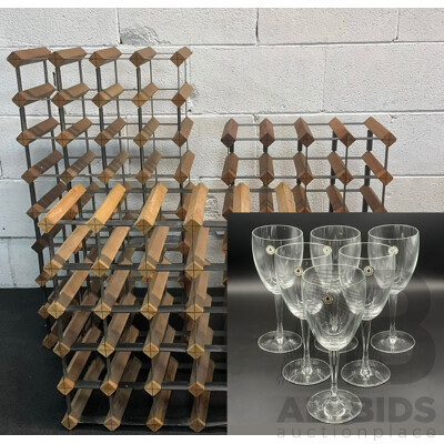 Wine Rack (x3) and Set of David Jones Glass Collection Wine Glasses (x6) - Lot of 4