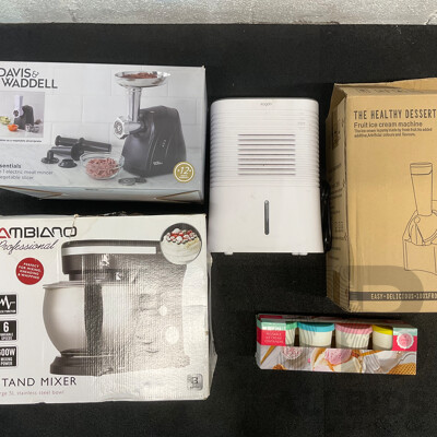 DAVIS&WADDELL Meat Mincer, AMBIANO Stand Mixer, KOGAN Dehumidifier, the Healthy Dessert Maker and Reusable Ice Cream Containers - Lot of 5