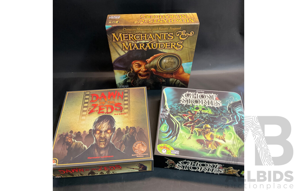 Merchants & Marauders, Dawn of the Zeds, and Ghost Stories Board Games - Lot of 3