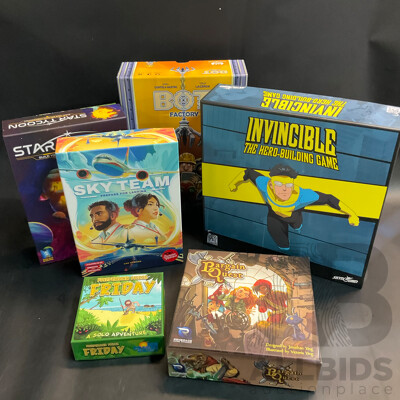 Assorted Board Games Include Invincible: the Hero-Building Game, Bot Factory, Star Tycoon, and More - Lot of 6
