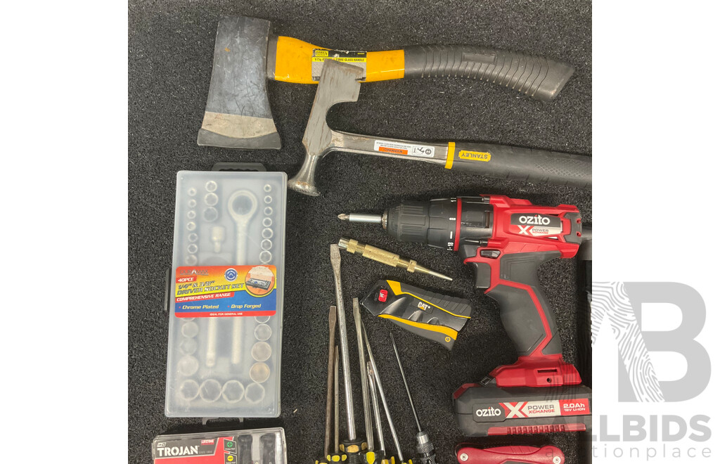Assorted Hand Tools, Including TROJAN, STANLEY, and More, GIANT Bike Pump, BOSCH Laser Spirit Level (PLL1P) and OZITO 18V Drill Driver with 2.0Ah Battery