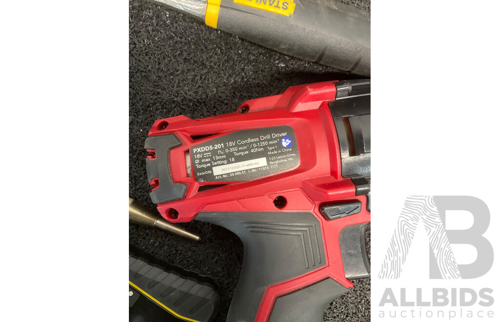 Assorted Hand Tools, Including TROJAN, STANLEY, and More, GIANT Bike Pump, BOSCH Laser Spirit Level (PLL1P) and OZITO 18V Drill Driver with 2.0Ah Battery