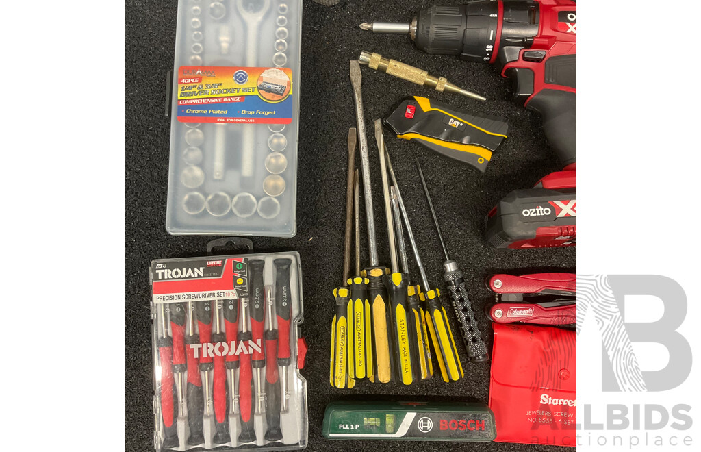 Assorted Hand Tools, Including TROJAN, STANLEY, and More, GIANT Bike Pump, BOSCH Laser Spirit Level (PLL1P) and OZITO 18V Drill Driver with 2.0Ah Battery