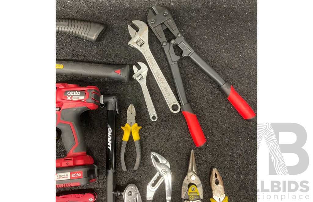 Assorted Hand Tools, Including TROJAN, STANLEY, and More, GIANT Bike Pump, BOSCH Laser Spirit Level (PLL1P) and OZITO 18V Drill Driver with 2.0Ah Battery