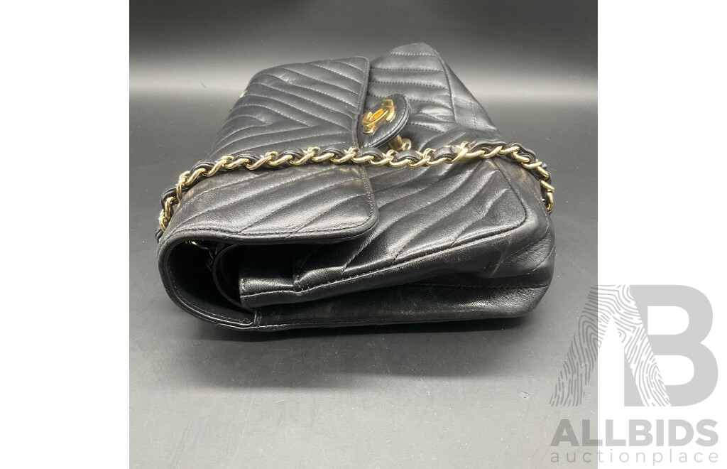 Classic Flap Black Bag in Chevron Quilting Pattern Branded CHANEL