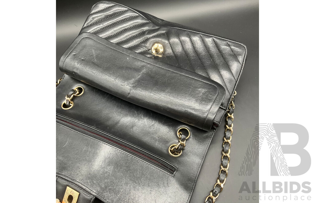 Classic Flap Black Bag in Chevron Quilting Pattern Branded CHANEL