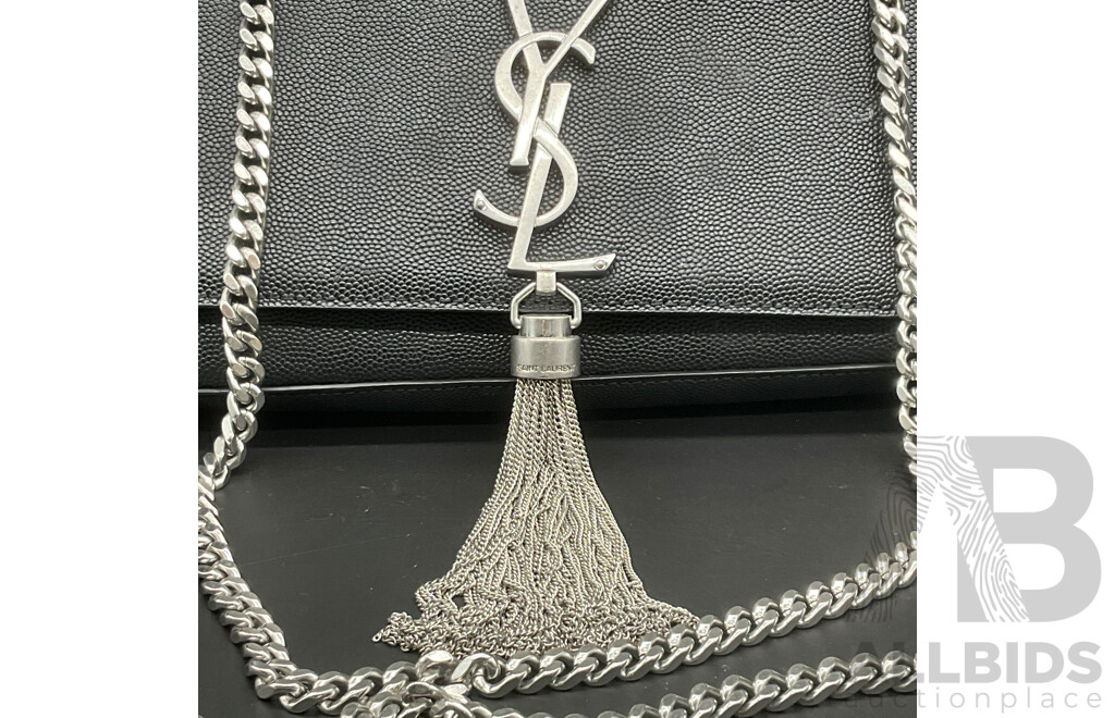 Kate Tassel Chain Bag in Black Grain De Poudre Embossed Leather with Silve Tone Hardware Branded SAINT LAURENT