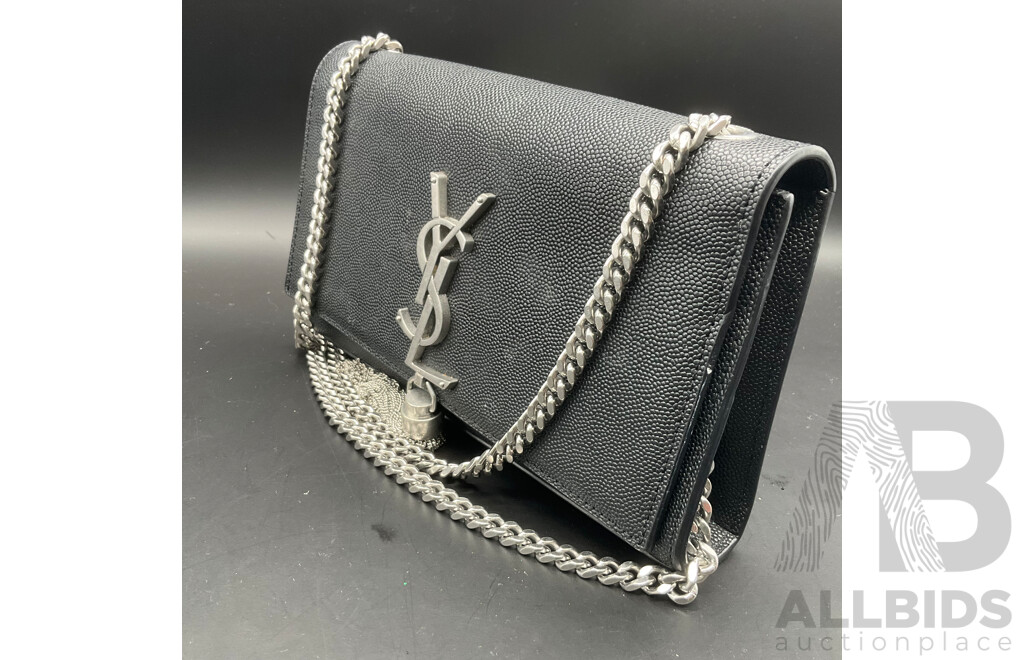 Kate Tassel Chain Bag in Black Grain De Poudre Embossed Leather with Silve Tone Hardware Branded SAINT LAURENT