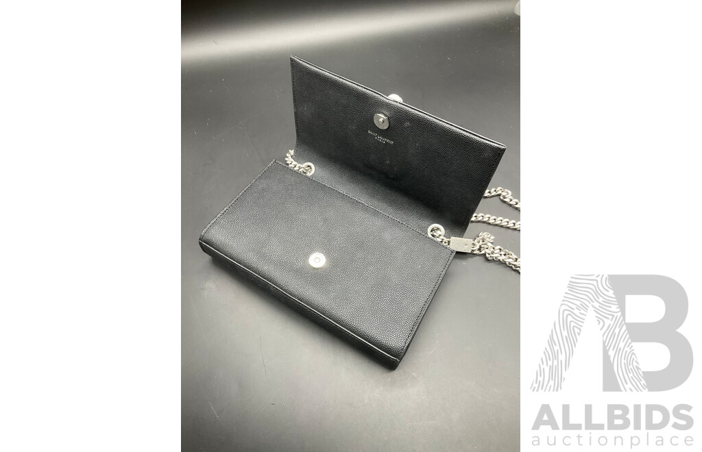 Kate Tassel Chain Bag in Black Grain De Poudre Embossed Leather with Silve Tone Hardware Branded SAINT LAURENT