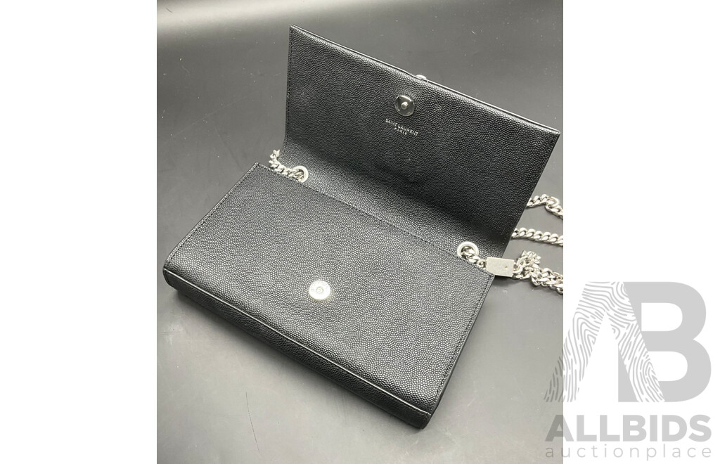 Kate Tassel Chain Bag in Black Grain De Poudre Embossed Leather with Silve Tone Hardware Branded SAINT LAURENT