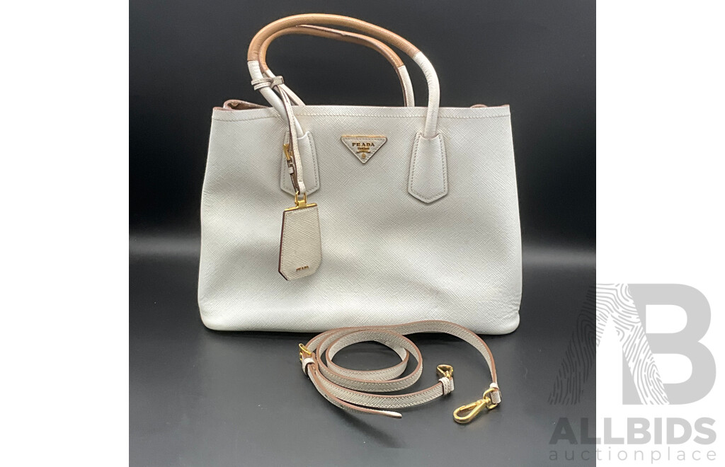 White Saffiano Cuir Double Tote Bag Branded PRADA