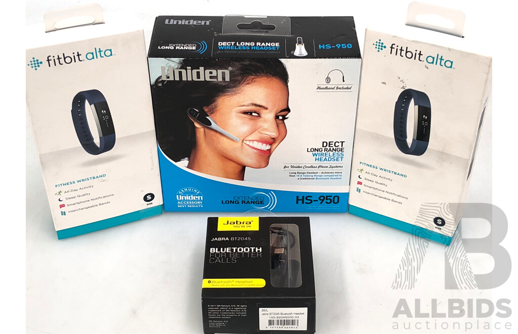 Uniden Dect Long Range Wireless Headset, Two Fitbit Alta Wristbands and Jabra Bluetooth Headset - Brand New - ORP $250.00