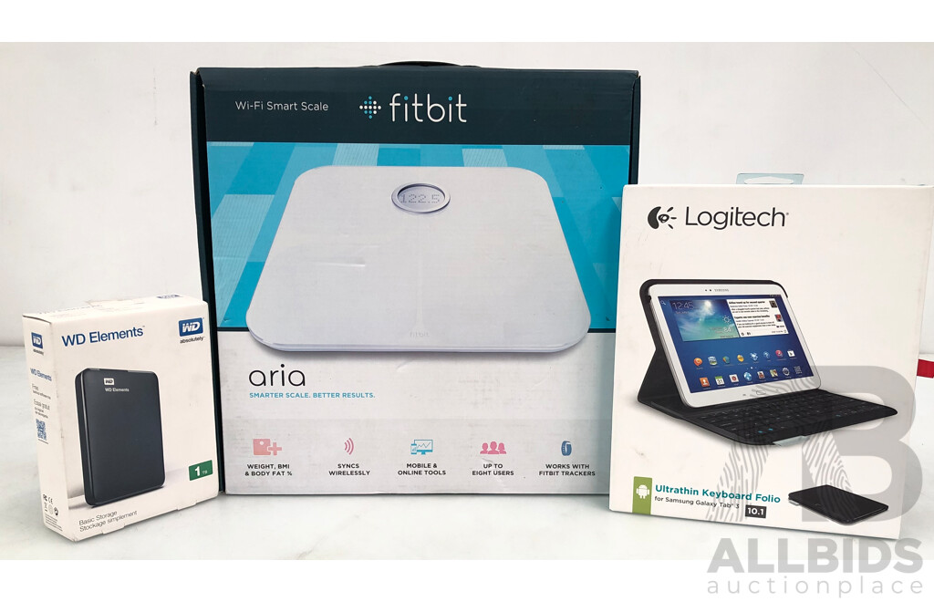 Fitbit Aria WiFi Smart Scale, Logitech Keyboard Folio for Samsung Galaxy TAB 3 and WD Elements 1TB External Storage - Brand New - RRP $220.00