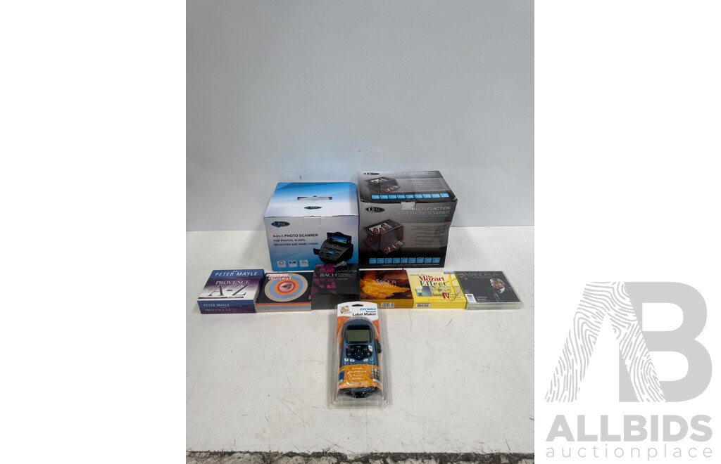 CDs Assorted, Scanners X 2, Label Maker X 1.