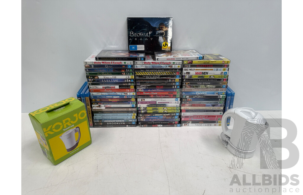 Assorted DVD's Blu Rays, Travel Kettles X 2.