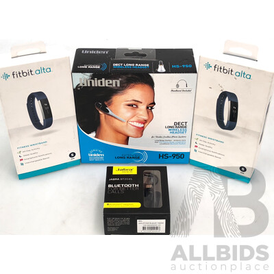 Uniden Dect Long Range Wireless Headset, Two Fitbit Alta Wristbands and Jabra Bluetooth Headset - Brand New - ORP $250.00