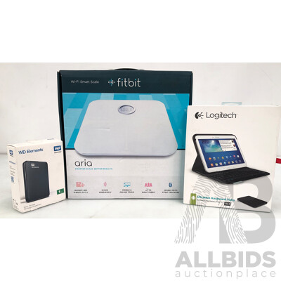 Fitbit Aria WiFi Smart Scale, Logitech Keyboard Folio for Samsung Galaxy TAB 3 and WD Elements 1TB External Storage - Brand New - RRP $220.00