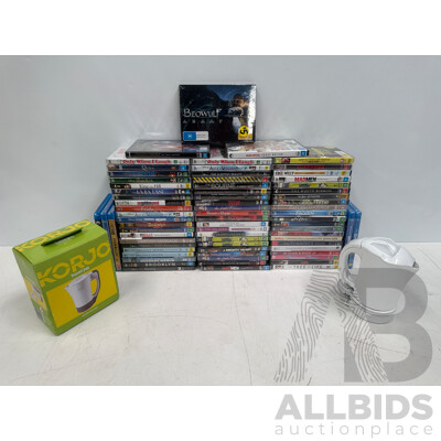 Assorted DVD's Blu Rays, Travel Kettles X 2.