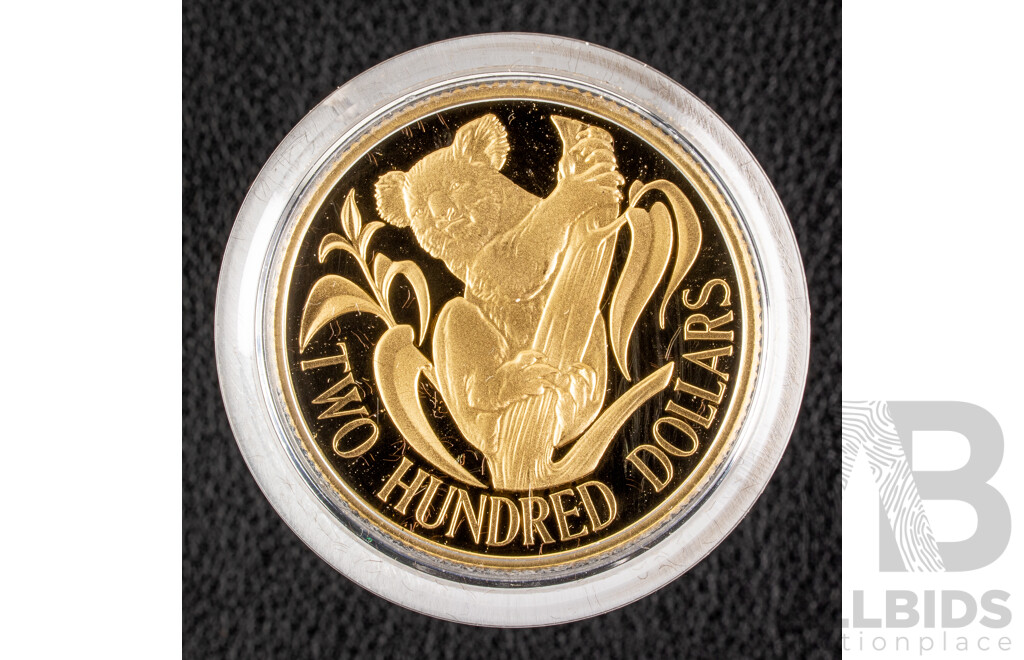 Australian RAM 1986 Gold Two Hundred Dollar Proof Coin, Australian Koala Bear .916