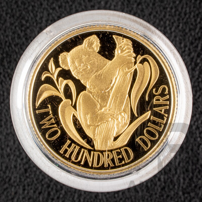 Australian RAM 1986 Gold Two Hundred Dollar Proof Coin, Australian Koala Bear .916