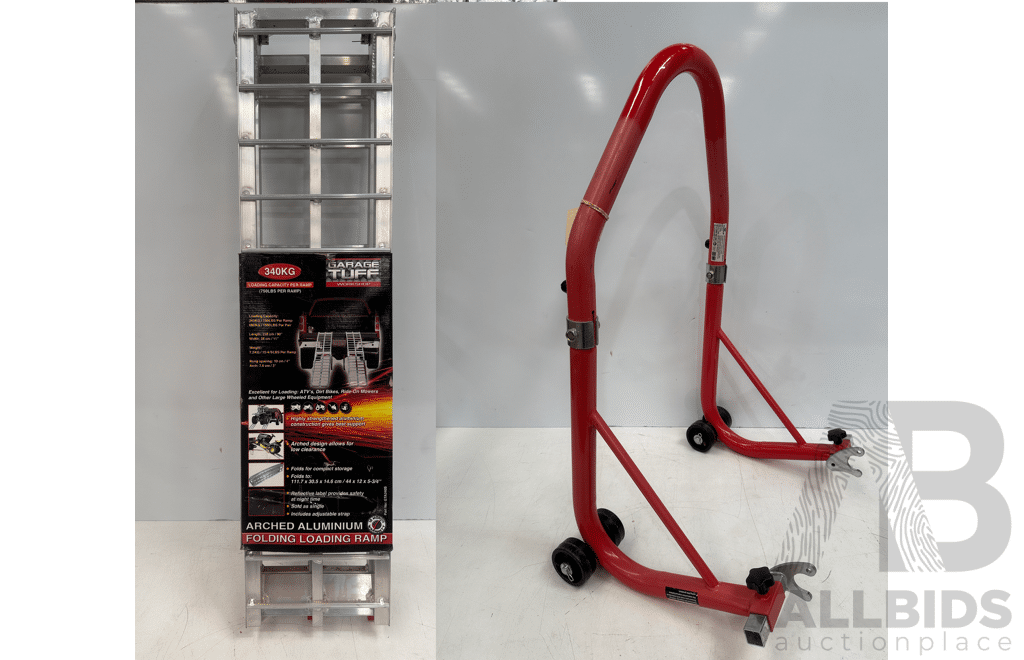 1x Garage Tuff - Aluminum Ramp (Load Cap 340Kg) + 2016 Torque Motorcycle Stand (250kg Cap)