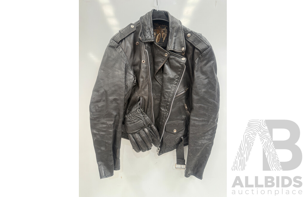 the Pierce Arrow Large Black Leather Jacket + 2x Leather Gloves + Dririder 3XL Motorcycle Riding Wet Weather Riding Jacket