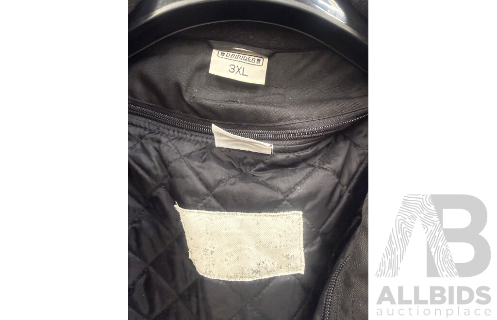the Pierce Arrow Large Black Leather Jacket + 2x Leather Gloves + Dririder 3XL Motorcycle Riding Wet Weather Riding Jacket