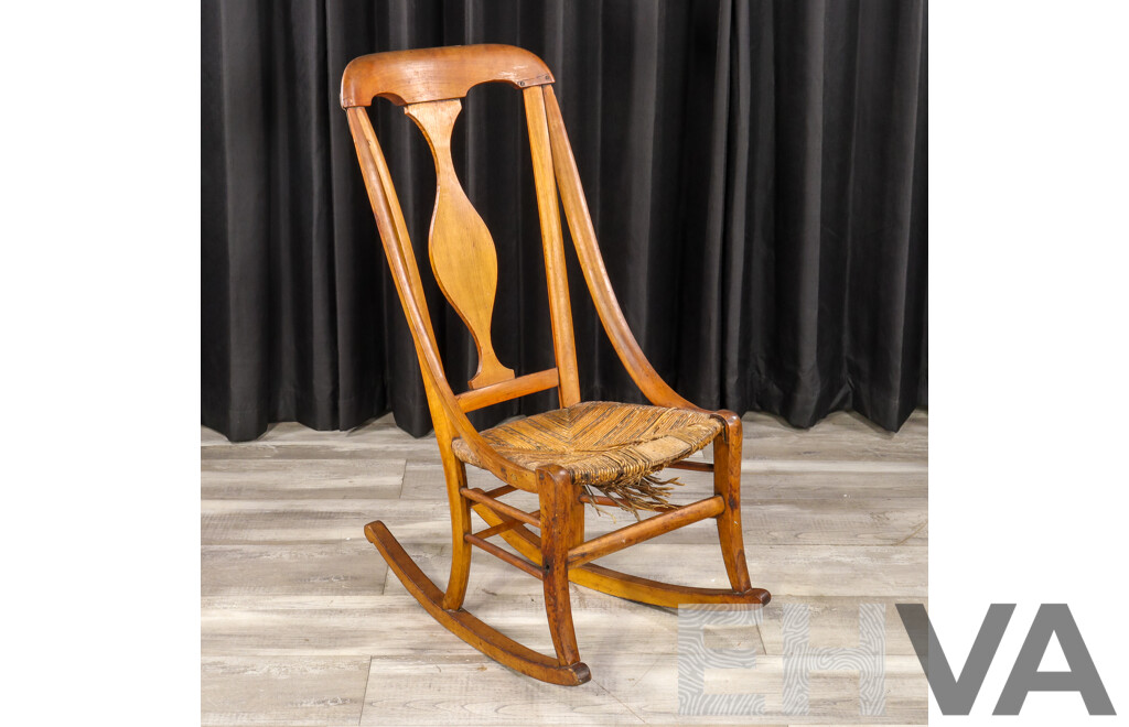 Victorian Elm Rocking Chair with Woven Rush Seat