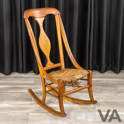 Victorian Elm Rocking Chair with Woven Rush Seat