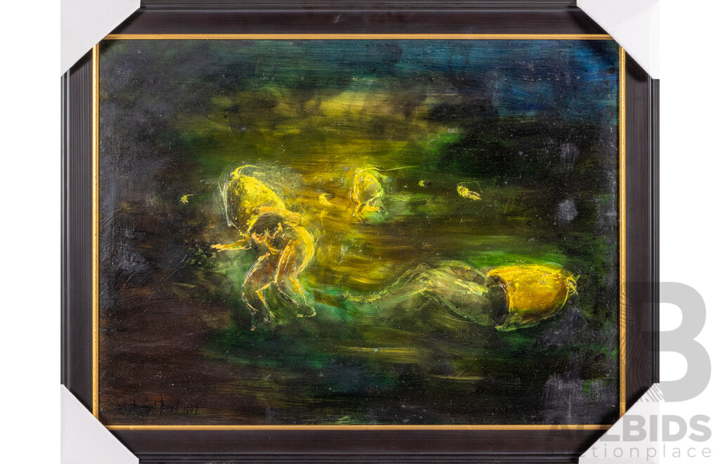 David Boyd (20th Century, 1924-2011), Lovers and Bells (1967), Original Oil & Sfumato on Masonite [from the London Hippie Series], 54H x 69W cm (frame)