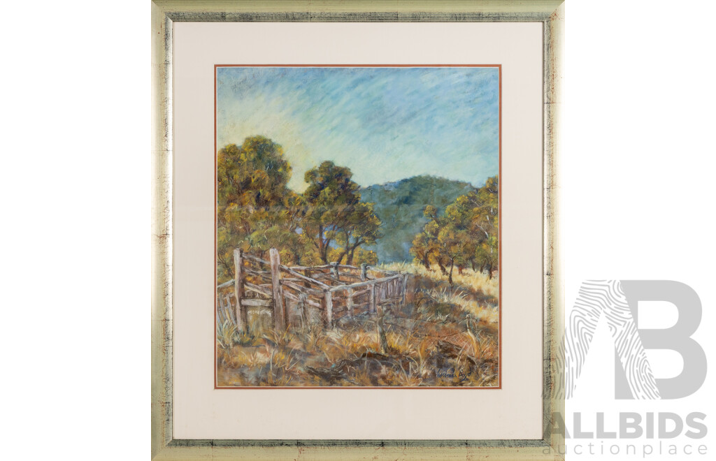 Lucinda Boyd, (20th Century, Australian, 1954-), Old Cattleyards on Sawyer's Ridge Road, Reidsdale NSW (c.1998), Wonderful Original Pastel on Canson Paper, 80 x 71 cm (frame)