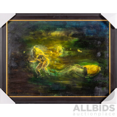 David Boyd (20th Century, 1924-2011), Lovers and Bells (1967), Original Oil & Sfumato on Masonite [from the London Hippie Series], 54H x 69W cm (frame)