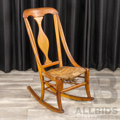 Victorian Elm Rocking Chair with Woven Rush Seat